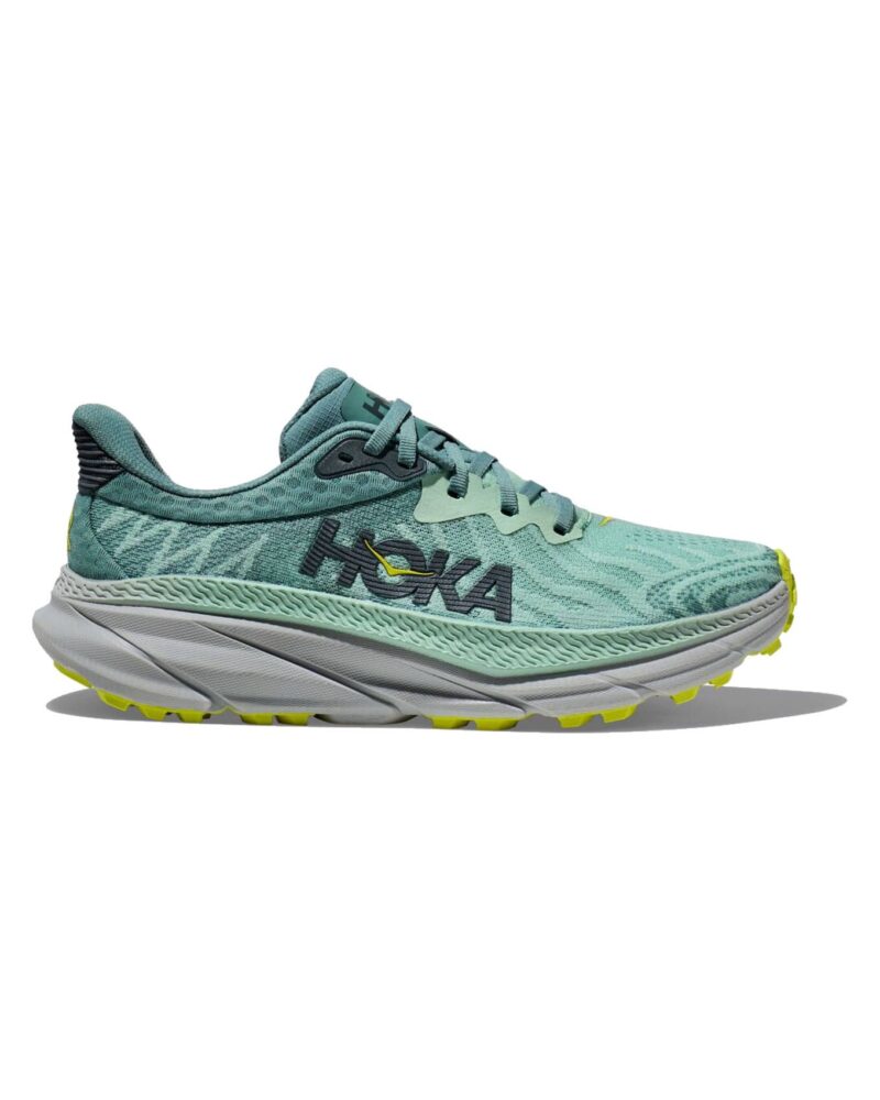 HOKA Challenger ATR 7 in a green/mint colorway with grey and bright yellow